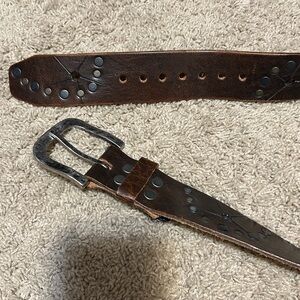 Brown Studded Leather Belt with Hammered Chrome Buckle (33” fit)